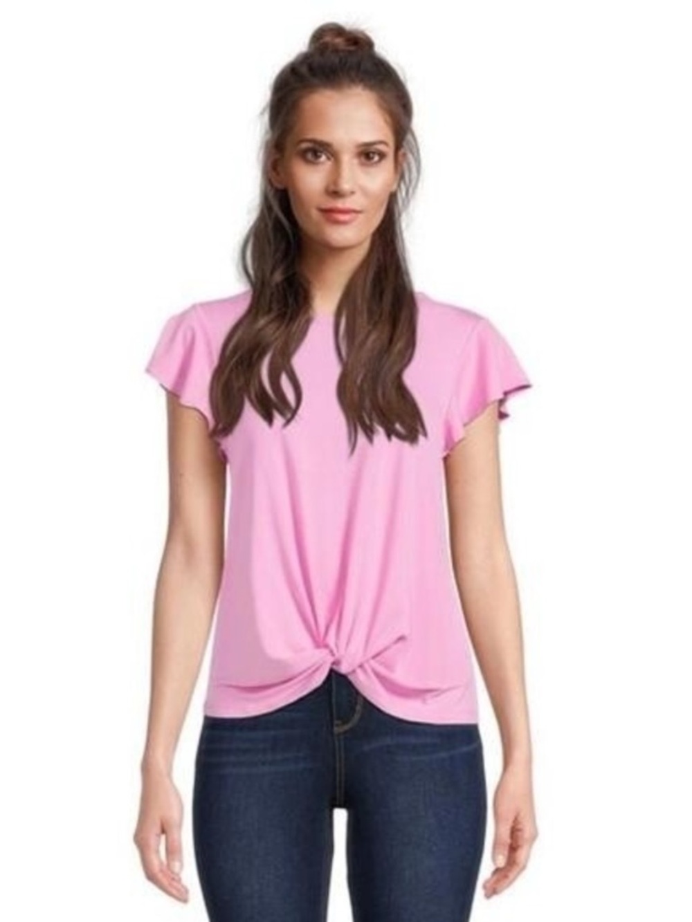 Walmart Time & Tru Flamingo Bubblegum Pink Twist-Front Flutter Sleeve Top